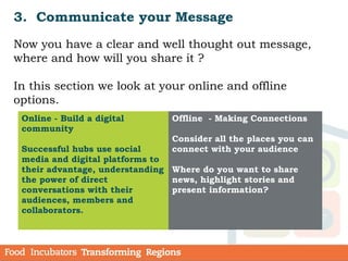 3. Communicate your Message
Now you have a clear and well thought out message,
where and how will you share it ?
In this section we look at your online and offline
options.
Online - Build a digital
community
Successful hubs use social
media and digital platforms to
their advantage, understanding
the power of direct
conversations with their
audiences, members and
collaborators.
Offline - Making Connections
Consider all the places you can
connect with your audience
Where do you want to share
news, highlight stories and
present information?
 