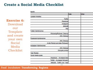 Create a Social Media Checklist
Exercise 6:
Download
our
Template
and create
your own
Social
Media
Checklist
 