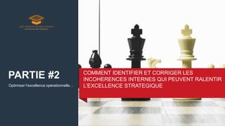 Optimiser l’excellence opérationnelle…
COMMENT IDENTIFIER ET CORRIGER LES
INCOHERENCES INTERNES QUI PEUVENT RALENTIR
L’EXCELLENCE STRATEGIQUE
PARTIE #2
 