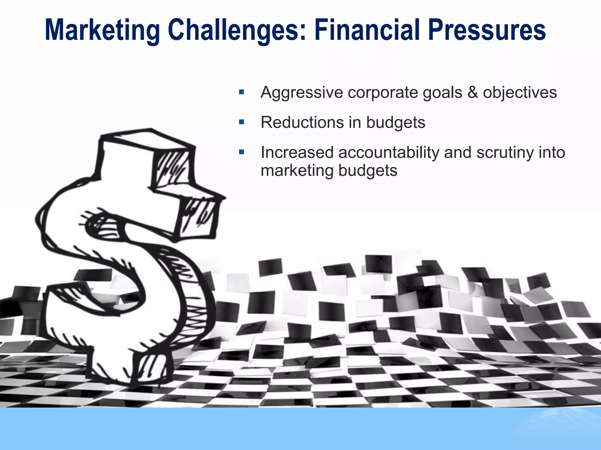Marketing Challenges: Financial Pressures
                Aggressive corporate goals & objectives
                Reductions in budgets
                Increased accountability and scrutiny into
                 marketing budgets




                                                              13
 