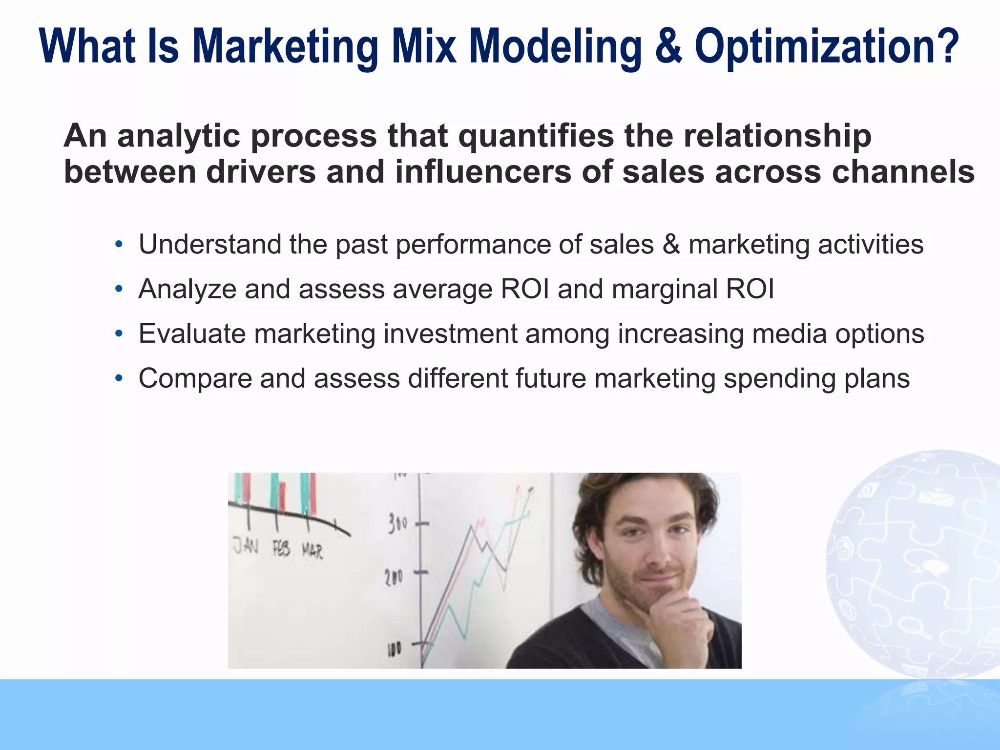 What Is Marketing Mix Modeling & Optimization?
 An analytic process that quantifies the relationship
 between drivers and influencers of sales across channels

    • Understand the past performance of sales & marketing activities
    • Analyze and assess average ROI and marginal ROI
    • Evaluate marketing investment among increasing media options
    • Compare and assess different future marketing spending plans




                                                                        6
 