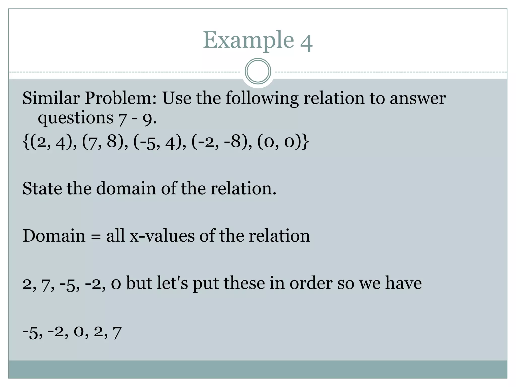 Example 4Similar Problem: Use the following relation to answer questions 7 - 9.{(2, 4), (7, 8), (-5, 4), (-2, -8), (0, 0)}State the domain of the relation.Domain = all x-values of the relation2, 7, -5, -2, 0 but let's put these in order so we have-5, -2, 0, 2, 7 