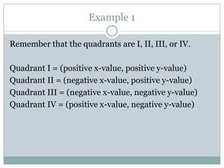 Example 1Remember that the quadrants are I, II, III, or IV.Quadrant I = (positive x-value, positive y-value)Quadrant II = (negative x-value, positive y-value)Quadrant III = (negative x-value, negative y-value)Quadrant IV = (positive x-value, negative y-value) 