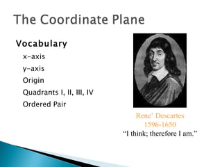 Vocabulary x-axis y-axis Origin Quadrants I, II, III, IV Ordered Pair Rene’ Descartes 1596-1650 “ I think; therefore I am.”