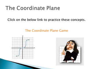 Click on the below link to practice these concepts. The Coordinate Plane Game