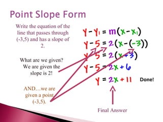 Write the equation of the line that passes through (-3,5) and has a slope of 2. What are we given? We are given the slope is 2! AND…we are given a point (-3,5). Final Answer 