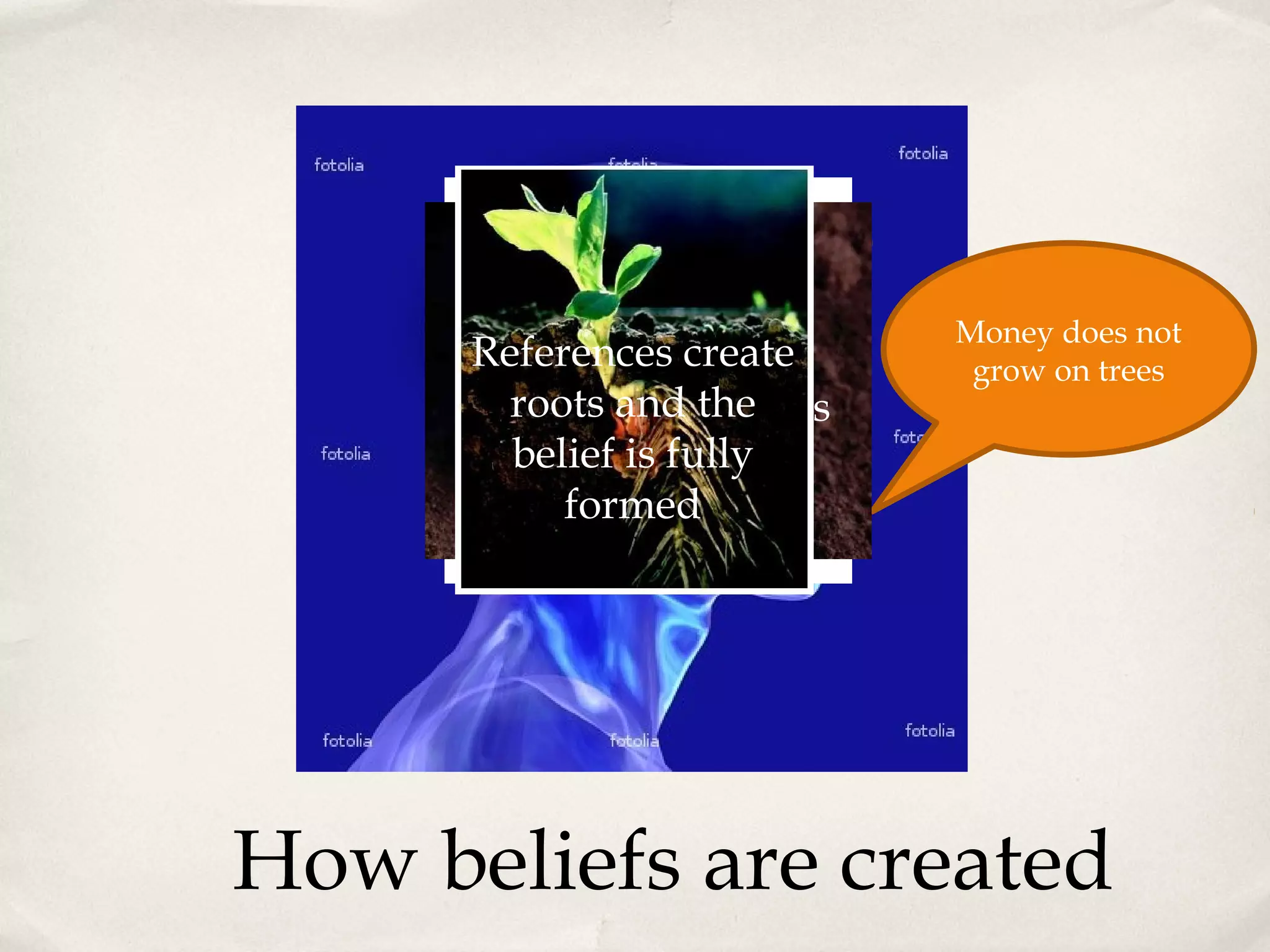 An idea gets     Money does not
      References create
            planted         grow on trees
        roots and the
      Subconscious looks
        belief is fully
         for references
           formed




How beliefs are created
 