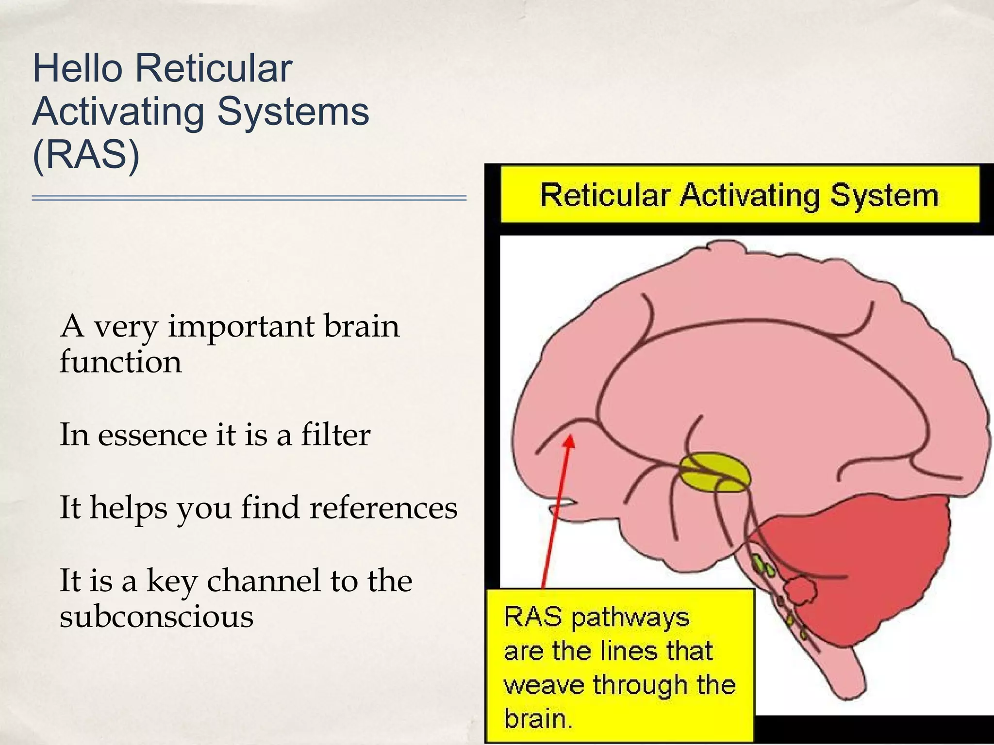 Hello Reticular
Activating Systems
(RAS)



 A very important brain
 function

 In essence it is a filter

 It helps you find references

 It is a key channel to the
 subconscious
 