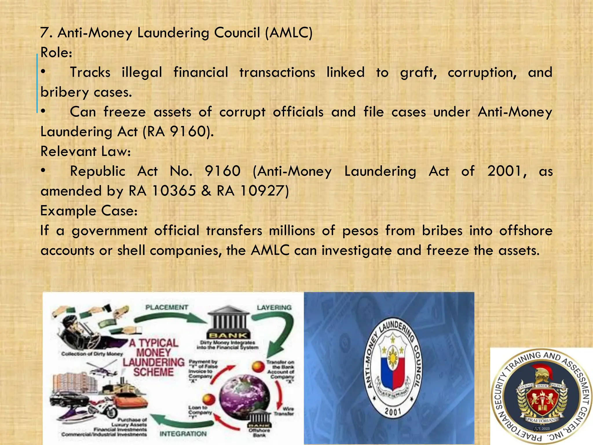 65
2/17/2025
7. Anti-Money Laundering Council (AMLC)
Role:
• Tracks illegal financial transactions linked to graft, corruption, and
bribery cases.
• Can freeze assets of corrupt officials and file cases under Anti-Money
Laundering Act (RA 9160).
Relevant Law:
• Republic Act No. 9160 (Anti-Money Laundering Act of 2001, as
amended by RA 10365 & RA 10927)
Example Case:
If a government official transfers millions of pesos from bribes into offshore
accounts or shell companies, the AMLC can investigate and freeze the assets.
 