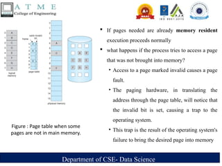 Department of CSE- Data Science
Figure : Page table when some
pages are not in main memory.
 If pages needed are already memory resident
execution proceeds normally
 what happens if the process tries to access a page
that was not brought into memory?
‣ Access to a page marked invalid causes a page
fault.
‣ The paging hardware, in translating the
address through the page table, will notice that
the invalid bit is set, causing a trap to the
operating system.
‣ This trap is the result of the operating system's
failure to bring the desired page into memory
 