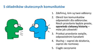 5 składników skutecznych komunikatów
1. Zdefiniuj, kim są twoi odbiorcy
2. Określ ton komunikatów
odpowiedni dla odbiorców.
Niech przesłanie będzie proste,
opowiedz ciekawą historię –
mów jak człowiek!
3. Przekaż przesłanie zwięźle,
odpowiednimi kanałami
4. Słuchaj – zaproś do działania,
zaproś do rozmowy
5. Ciągłe zaczynanie
 