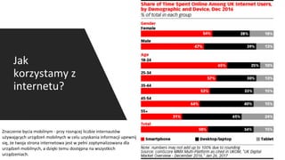 Jak
korzystamy z
internetu?
Znaczenie bycia mobilnym - przy rosnącej liczbie internautów
używających urządzeń mobilnych w celu uzyskania informacji upewnij
się, że twoja strona internetowa jest w pełni zoptymalizowana dla
urządzeń mobilnych, a dzięki temu dostępna na wszystkich
urządzeniach.
 