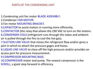 PARTS OF THE CONDENSING UNIT


1.Condensing unit fan motor BLADE ASSEMBLY.
2.Condenser FAN MOTOR.
3.Fan motor MOUNTING BRACKET.
4.CAPACITOR to assist motors in running more efficiently.
5.CONTACTOR (the relay that allows the 230 VAC to turn on the motors.
6.CONDENSER COILS (refrigerant runs through the tubes and ambient
air is pulled through the fins to cool the hot gas).
7.SUCTION LINE VALVE that closes the refrigerant flow and/or gives a
port in which to attach the pressure gages and hoses.
8.LIQUID LINE VALVE to close off the high pressure and/or provides an
access port for pressure measurement.
9.COMPRESSOR MOUNTING BASE.
10.COMPRESSOR motor and pump. The newest compressor is the
SCROLL, a giant step forward in efficiency.
 