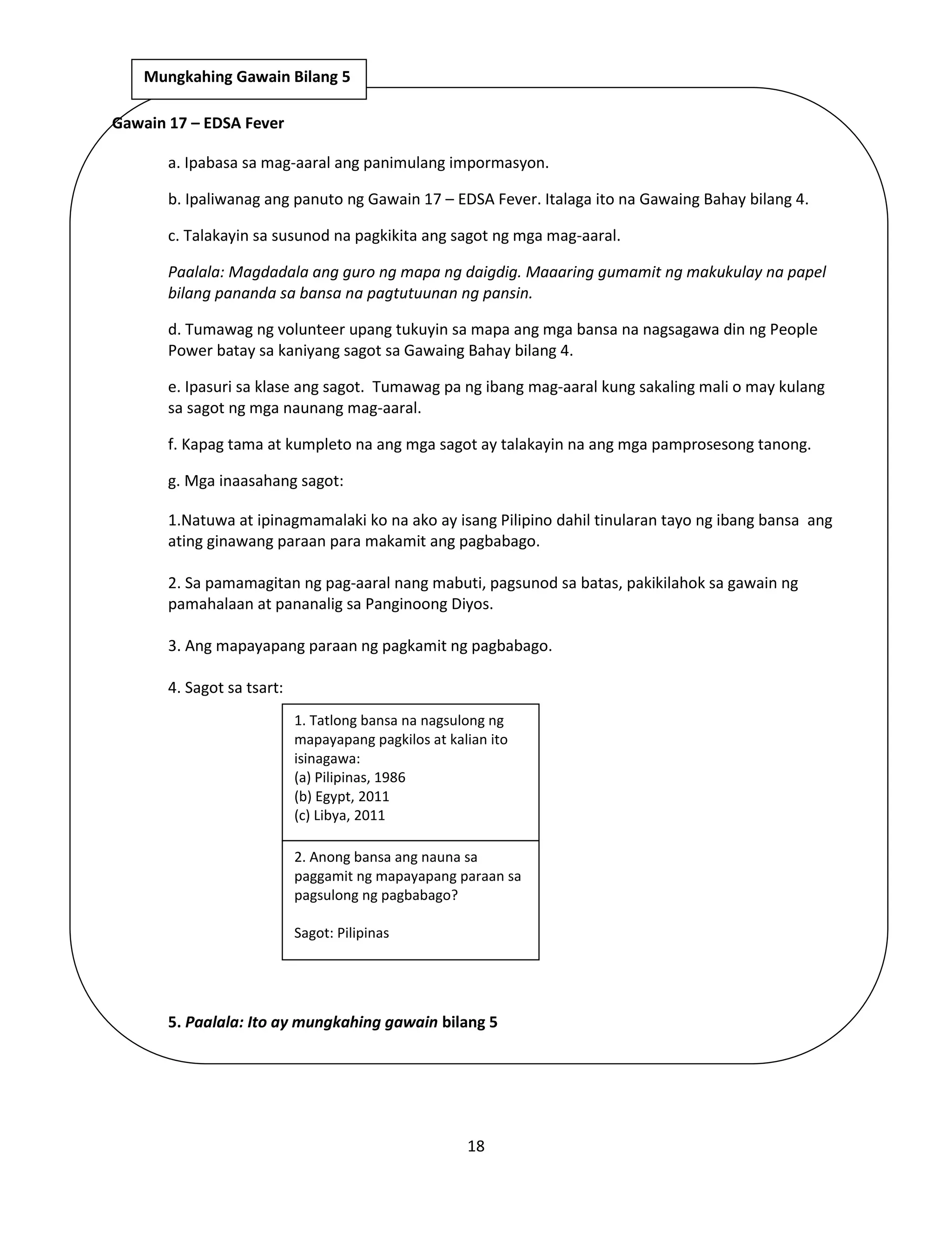 18
Gawain 17 – EDSA Fever
a. Ipabasa sa mag-aaral ang panimulang impormasyon.
b. Ipaliwanag ang panuto ng Gawain 17 – EDSA Fever. Italaga ito na Gawaing Bahay bilang 4.
c. Talakayin sa susunod na pagkikita ang sagot ng mga mag-aaral.
Paalala: Magdadala ang guro ng mapa ng daigdig. Maaaring gumamit ng makukulay na papel
bilang pananda sa bansa na pagtutuunan ng pansin.
d. Tumawag ng volunteer upang tukuyin sa mapa ang mga bansa na nagsagawa din ng People
Power batay sa kaniyang sagot sa Gawaing Bahay bilang 4.
e. Ipasuri sa klase ang sagot. Tumawag pa ng ibang mag-aaral kung sakaling mali o may kulang
sa sagot ng mga naunang mag-aaral.
f. Kapag tama at kumpleto na ang mga sagot ay talakayin na ang mga pamprosesong tanong.
g. Mga inaasahang sagot:
1.Natuwa at ipinagmamalaki ko na ako ay isang Pilipino dahil tinularan tayo ng ibang bansa ang
ating ginawang paraan para makamit ang pagbabago.
2. Sa pamamagitan ng pag-aaral nang mabuti, pagsunod sa batas, pakikilahok sa gawain ng
pamahalaan at pananalig sa Panginoong Diyos.
3. Ang mapayapang paraan ng pagkamit ng pagbabago.
4. Sagot sa tsart:
5. Paalala: Ito ay mungkahing gawain bilang 5
Mungkahing Gawain Bilang 5
1. Tatlong bansa na nagsulong ng
mapayapang pagkilos at kalian ito
isinagawa:
(a) Pilipinas, 1986
(b) Egypt, 2011
(c) Libya, 2011
2. Anong bansa ang nauna sa
paggamit ng mapayapang paraan sa
pagsulong ng pagbabago?
Sagot: Pilipinas
 