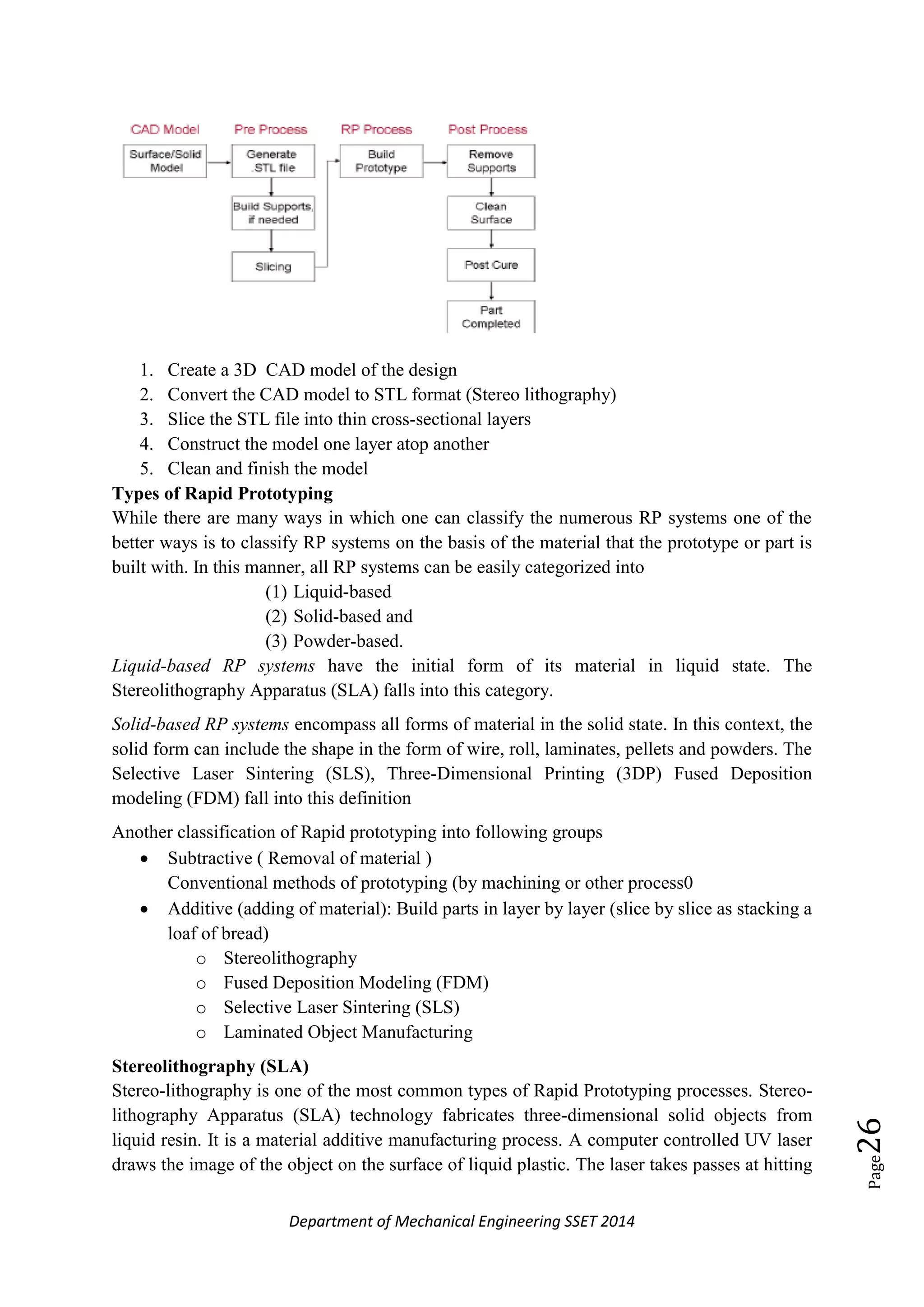 Department of Mechanical Engineering SSET 2014
Page26
1. Create a 3D CAD model of the design
2. Convert the CAD model to STL format (Stereo lithography)
3. Slice the STL file into thin cross-sectional layers
4. Construct the model one layer atop another
5. Clean and finish the model
Types of Rapid Prototyping
While there are many ways in which one can classify the numerous RP systems one of the
better ways is to classify RP systems on the basis of the material that the prototype or part is
built with. In this manner, all RP systems can be easily categorized into
(1) Liquid-based
(2) Solid-based and
(3) Powder-based.
Liquid-based RP systems have the initial form of its material in liquid state. The
Stereolithography Apparatus (SLA) falls into this category.
Solid-based RP systems encompass all forms of material in the solid state. In this context, the
solid form can include the shape in the form of wire, roll, laminates, pellets and powders. The
Selective Laser Sintering (SLS), Three-Dimensional Printing (3DP) Fused Deposition
modeling (FDM) fall into this definition
Another classification of Rapid prototyping into following groups
 Subtractive ( Removal of material )
Conventional methods of prototyping (by machining or other process0
 Additive (adding of material): Build parts in layer by layer (slice by slice as stacking a
loaf of bread)
o Stereolithography
o Fused Deposition Modeling (FDM)
o Selective Laser Sintering (SLS)
o Laminated Object Manufacturing
Stereolithography (SLA)
Stereo-lithography is one of the most common types of Rapid Prototyping processes. Stereo-
lithography Apparatus (SLA) technology fabricates three-dimensional solid objects from
liquid resin. It is a material additive manufacturing process. A computer controlled UV laser
draws the image of the object on the surface of liquid plastic. The laser takes passes at hitting
 