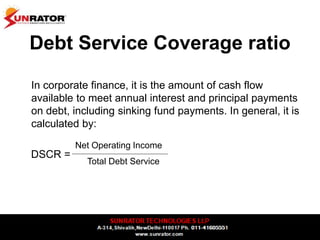 Debt Service Coverage ratio
In corporate finance, it is the amount of cash flow
available to meet annual interest and principal payments
on debt, including sinking fund payments. In general, it is
calculated by:
DSCR =
Net Operating Income
Total Debt Service
 