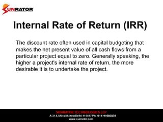 Internal Rate of Return (IRR)
The discount rate often used in capital budgeting that
makes the net present value of all cash flows from a
particular project equal to zero. Generally speaking, the
higher a project's internal rate of return, the more
desirable it is to undertake the project.
 