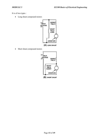 MODULE 5 EE100 Basics of Electrical Engineering
Page 13 of 19
It is of two types :
 Long shunt compound motors
 Short shunt compound motors
 