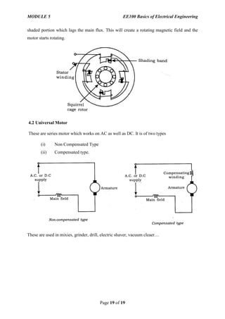 MODULE 5 EE100 Basics of Electrical Engineering
Page 19 of 19
shaded portion which lags the main flux. This will create a rotating magnetic field and the
motor starts rotating.
4.2 Universal Motor
These are series motor which works on AC as well as DC. It is of two types
(i) Non Compensated Type
(ii) Compensated type.
These are used in mixies, grinder, drill, electric shaver, vacuum cleaer…
 