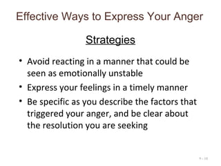 • Avoid reacting in a manner that could be
seen as emotionally unstable
• Express your feelings in a timely manner
• Be specific as you describe the factors that
triggered your anger, and be clear about
the resolution you are seeking
9 - 10
Effective Ways to Express Your Anger
Strategies
 