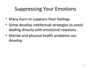 Suppressing Your Emotions
• Many learn to suppress their feelings
• Some develop intellectual strategies to avoid
dealing directly with emotional reactions
• Mental and physical health problems can
develop
9 - 11
 