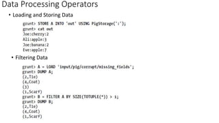 Data Processing Operators
• Loading and Storing Data
• Filtering Data
 