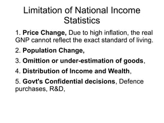 Limitation of National Income
Statistics
1. Price Change, Due to high inflation, the real
GNP cannot reflect the exact standard of living.
2. Population Change,
3. Omittion or under-estimation of goods,
4. Distribution of Income and Wealth,
5. Govt's Confidential decisions, Defence
purchases, R&D,
 