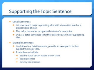 Supporting the Topic SentenceDetail SentencesIntroduce each major supporting idea with a transition word or a prepositional phrase.This helps the reader recognize the start of a new point.Use 2-3  detail sentences to further describe each major supporting idea.Example SentencesIn addition to a detail sentence, provide an example to further support the major idea.Examples can include: possible risks if certain actions are not taken  past experiencesindustry best practices