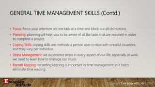 GENERAL TIME MANAGEMENT SKILLS (Contd.)
• Focus: focus your attention on one task at a time and block out all distractions...