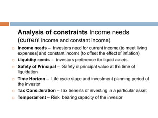 Analysis of constraints Income needs
(current income and constant income)
 Income needs – Investors need for current income (to meet living
expenses) and constant income (to offset the effect of inflation)
 Liquidity needs – Investors preference for liquid assets
 Safety of Principal – Safety of principal value at the time of
liquidation
 Time Horizon – Life cycle stage and investment planning period of
the investor
 Tax Consideration – Tax benefits of investing in a particular asset
 Temperament – Risk bearing capacity of the investor
 