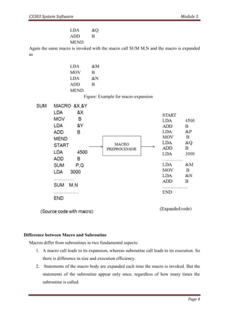 CS303 System Software Module 5
Page 4
LDA &Q
ADD B
MEND
Again the same macro is invoked with the macro call SUM M,N and the macro is expanded
as
LDA &M
MOV B
LDA &N
ADD B
MEND
Figure: Example for macro expansion
Difference between Macro and Subroutine
Macros differ from subroutines in two fundamental aspects:
1. A macro call leads to its expansion, whereas subroutine call leads to its execution. So
there is difference in size and execution efficiency.
2. Statements of the macro body are expanded each time the macro is invoked. But the
statements of the subroutine appear only once, regardless of how many times the
subroutine is called.
 