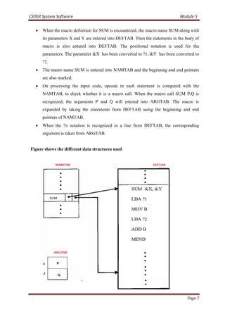 CS303 System Software Module 5
Page 7
 When the macro definition for SUM is encountered, the macro name SUM along with
its parameters X and Y are entered into DEFTAB. Then the statements in the body of
macro is also entered into DEFTAB. The positional notation is used for the
parameters. The parameter &X has been converted to ?1, &Y has been converted to
?2.
 The macro name SUM is entered into NAMTAB and the beginning and end pointers
are also marked.
 On processing the input code, opcode in each statement is compared with the
NAMTAB, to check whether it is a macro call. When the macro call SUM P,Q is
recognized, the arguments P and Q will entered into ARGTAB. The macro is
expanded by taking the statements from DEFTAB using the beginning and end
pointers of NAMTAB.
 When the ?n notation is recognized in a line from DEFTAB, the corresponding
argument is taken from ARGTAB.
Figure shows the different data structures used
 