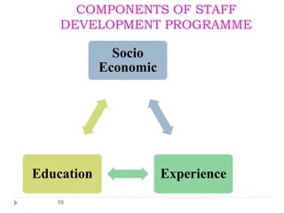 10
COMPONENTS OF STAFF
DEVELOPMENT PROGRAMME
Socio
Economic
Experience
Education
 