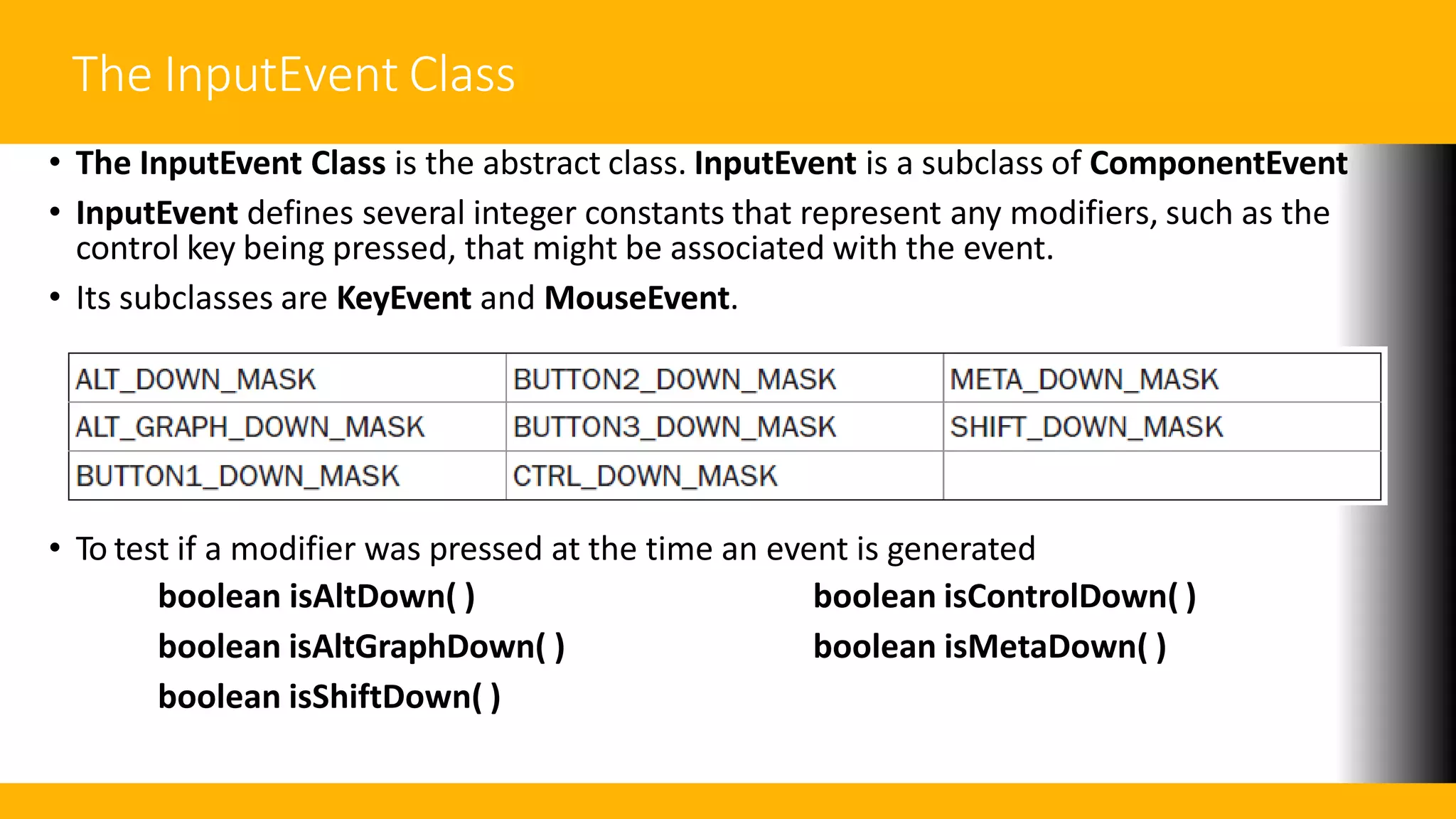 The InputEvent Class
• The InputEvent Class is the abstract class. InputEvent is a subclass of ComponentEvent
• InputEvent defines several integer constants that represent any modifiers, such as the
control key being pressed, that might be associated with the event.
• Its subclasses are KeyEvent and MouseEvent.
• To test if a modifier was pressed at the time an event is generated
boolean isControlDown( )
boolean isMetaDown( )
boolean isAltDown( )
boolean isAltGraphDown( )
boolean isShiftDown( )
 