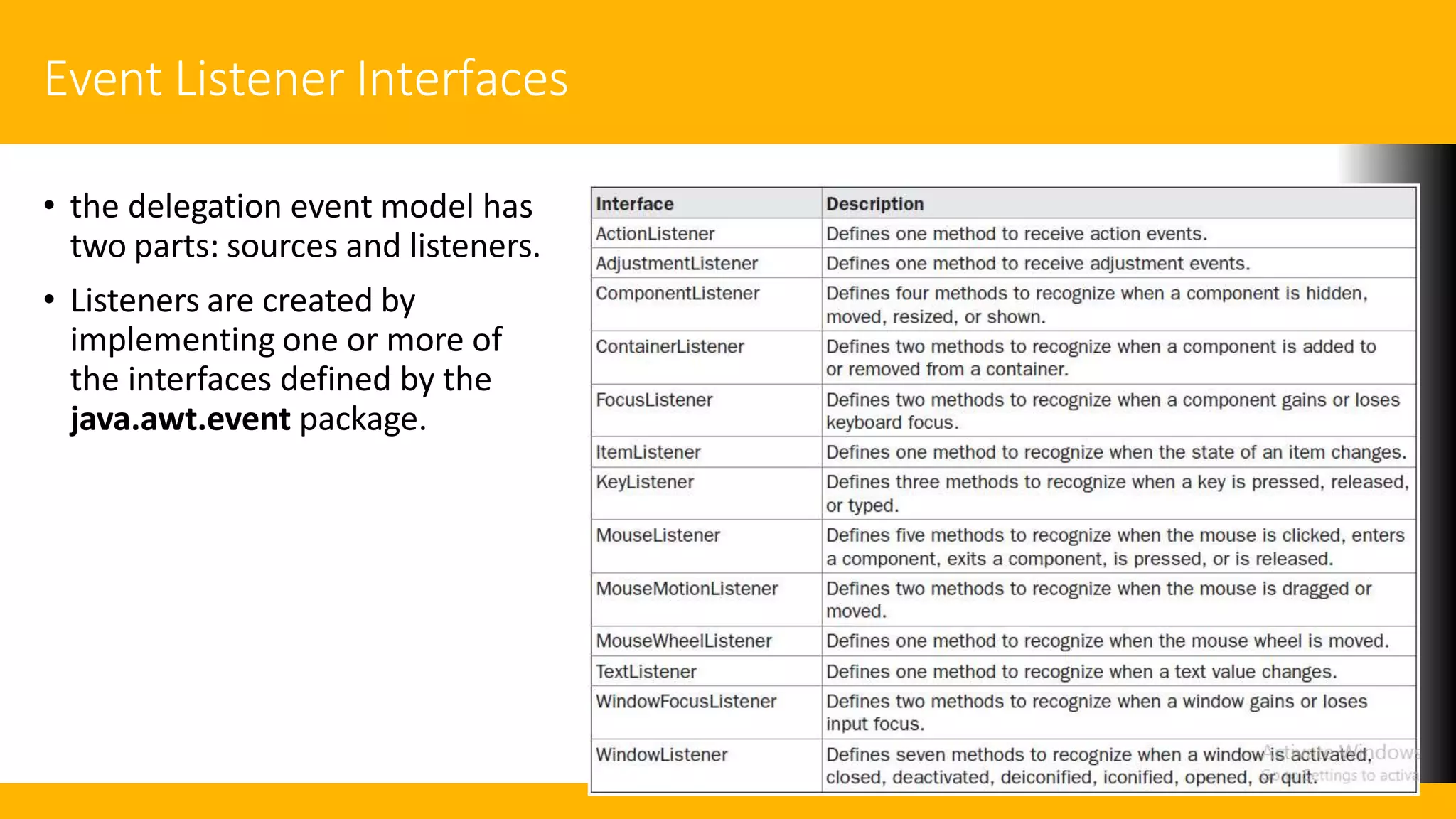 Event Listener Interfaces
• the delegation event model has
two parts: sources and listeners.
• Listeners are created by
implementing one or more of
the interfaces defined by the
java.awt.event package.
 