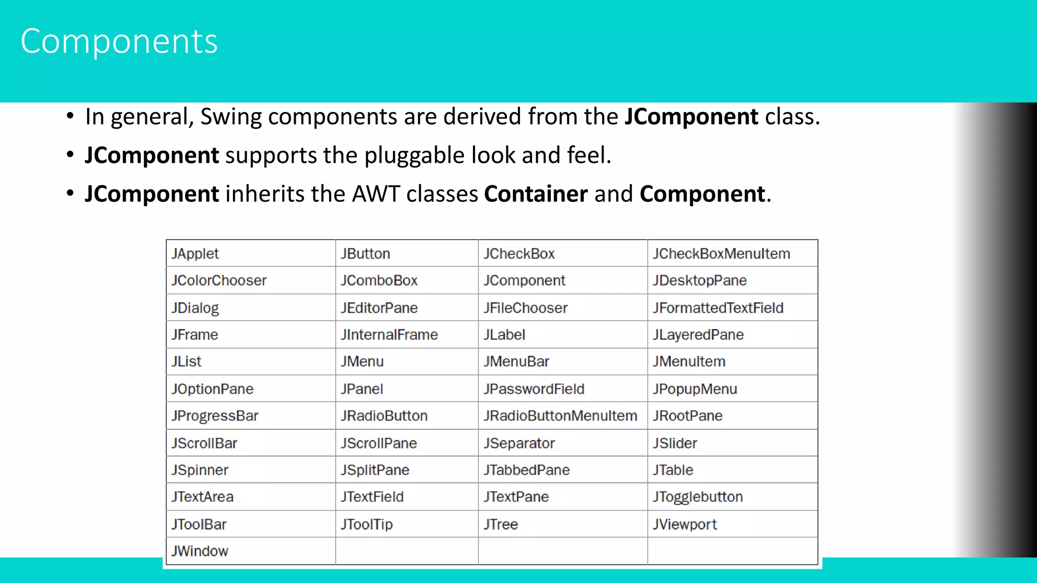 Components
• In general, Swing components are derived from the JComponent class.
• JComponent supports the pluggable look and feel.
• JComponent inherits the AWT classes Container and Component.
 