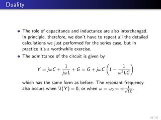 Duality
The role of capacitance and inductance are also interchanged.
In principle, therefore, we don’t have to repeat all the detailed
calculations we just performed for the series case, but in
practice it’s a worthwhile exercise.
The admittance of the circuit is given by
Y = jωC +
1
jωL
+ G = G + jωC

1 −
1
ω2LC

which has the same form as before. The resonant frequency
also occurs when =(Y ) = 0, or when ω = ω0 = ± 1
√
LC
.
16 / 42
 