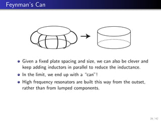 Feynman’s Can
Given a fixed plate spacing and size, we can also be clever and
keep adding inductors in parallel to reduce the inductance.
In the limit, we end up with a “can”!
High frequency resonators are built this way from the outset,
rather than from lumped components.
26 / 42
 