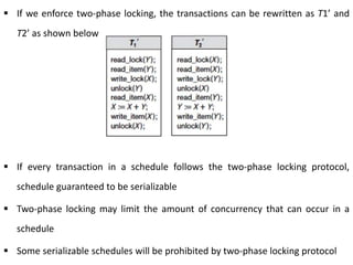  If we enforce two-phase locking, the transactions can be rewritten as T1’ and
T2’ as shown below
 If every transaction in a schedule follows the two-phase locking protocol,
schedule guaranteed to be serializable
 Two-phase locking may limit the amount of concurrency that can occur in a
schedule
 Some serializable schedules will be prohibited by two-phase locking protocol
 
