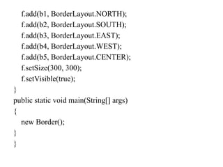 f.add(b1, BorderLayout.NORTH);
f.add(b2, BorderLayout.SOUTH);
f.add(b3, BorderLayout.EAST);
f.add(b4, BorderLayout.WEST);
f.add(b5, BorderLayout.CENTER);
f.setSize(300, 300);
f.setVisible(true);
}
public static void main(String[] args)
{
new Border();
}
}
 