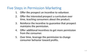 5.35
Five Steps in Permission Marketing
1. Offer the prospect an incentive to volunteer.
2. Offer the interested prospect a curriculum over
time, teaching consumers about the product.
3. Reinforce the incentive to guarantee that prospect
maintains the permission.
4. Offer additional incentives to get more permission
from the consumer.
5. Over time, leverage the permission to change
consumer behavior toward profits.
 