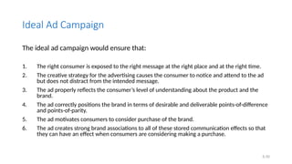 6.50
Ideal Ad Campaign
The ideal ad campaign would ensure that:
1. The right consumer is exposed to the right message at the right place and at the right time.
2. The creative strategy for the advertising causes the consumer to notice and attend to the ad
but does not distract from the intended message.
3. The ad properly reflects the consumer’s level of understanding about the product and the
brand.
4. The ad correctly positions the brand in terms of desirable and deliverable points-of-difference
and points-of-parity.
5. The ad motivates consumers to consider purchase of the brand.
6. The ad creates strong brand associations to all of these stored communication effects so that
they can have an effect when consumers are considering making a purchase.
 