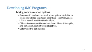 6.57
Developing IMC Programs
• Mixing communication options
• Evaluate all possible communication options available to
create knowledge structures according to effectiveness
criteria as well as cost considerations.
• Different communication options have different strengths
and can accomplish different objectives.
• Determine the optimal mix
 