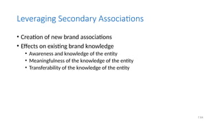 7.64
Leveraging Secondary Associations
• Creation of new brand associations
• Effects on existing brand knowledge
• Awareness and knowledge of the entity
• Meaningfulness of the knowledge of the entity
• Transferability of the knowledge of the entity
 