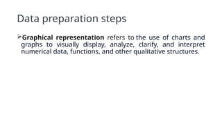 Data preparation steps
Graphical representation refers to the use of charts and
graphs to visually display, analyze, clarify, and interpret
numerical data, functions, and other qualitative structures.
 