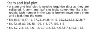 Stem and leaf plot
• A stem and leaf plot is used to organize data as they are
collected. A stem and leaf plot looks something like a bar
graph. Each number in the data is broken down into a stem
and a leaf, thus the name.
• Ex: 15,27, 8,17, 13, 17,22, 24,25,14,13, 36,22,22,32, 32,28,7
• Ex. 72, 85,89, 93, 88, 109, 115, 97, 102, 113
• Ex. 1.2, 2.3, 1.5, 1.6, 1.8, 2.7, 3.2, 3.6, 4.5,7.8,7.1,10.6, 11.5
 