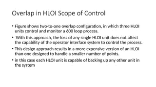 Overlap in HLOI Scope of Control
• Figure shows two-to-one overlap configuration, in which three HLOI
units control and monitor a 600 loop process.
• With this approach, the loss of any single HLOI unit does not affect
the capability of the operator interface system to control the process.
• This design approach results in a more expensive version of an HLOI
than one designed to handle a smaller number of points.
• in this case each HLOI unit is capable of backing up any other unit in
the system
 