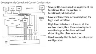 Geographically Centralized Control Configuration
• Several LCUs are used to implement the
functions, thus the control is
functionally distributed.
• Low level interface acts as back up for
high level interface
• High level interface is located at the
control room, thus the control system
monitoring can be done without
disturbing the plant operation
• Used in early distributed control system
configuration
 
