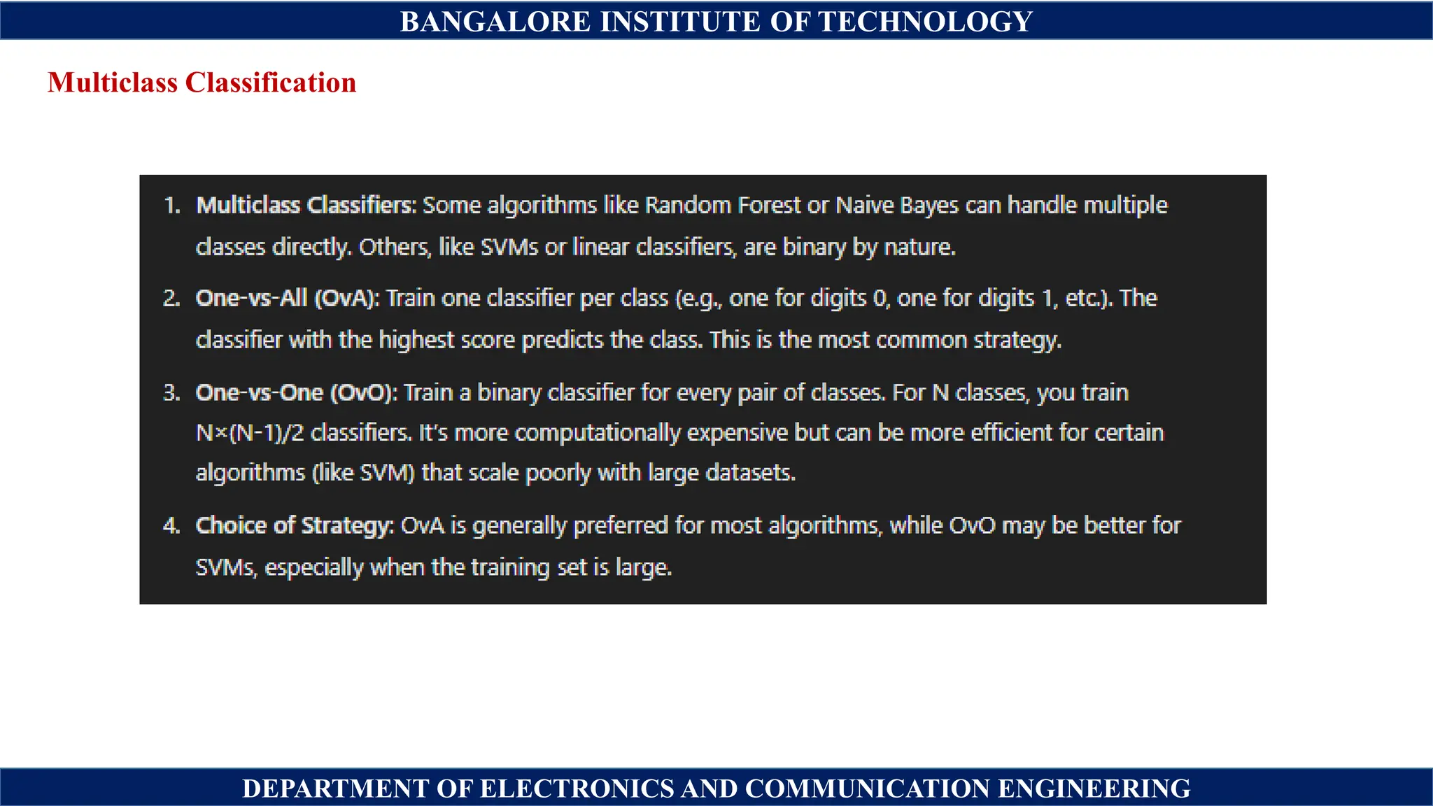 BANGALORE INSTITUTE OF TECHNOLOGY
DEPARTMENT OF ELECTRONICS AND COMMUNICATION ENGINEERING
Multiclass Classification
 