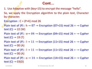 Cont…
1. Use Adaptive with (key=15) to encrypt the message “hello”.
So, we apply the Encryption algorithm to the plain text, Character
by character.
Encryption : C = (P+K) mod 26
Plain text of (P) : h → 07 → Encryption (07+15) mod 26 = → Cypher
text (C) → 22 (W)
Plain text of (P) : e→ 04 → Encryption (04+15) mod 26 = → Cypher
text (C) → 19 (T)
Plain text of (P) : l → 11 → Encryption (11+15) mod 26 = → Cypher
text (C) → 00 (A)
Plain text of (P) : l → 11 → Encryption (11+15) mod 26 = → Cypher
text (C) → 00 (A)
Plain text of (P) : o → 14 → Encryption (14+15) mod 26 = → Cypher
text (C) → 03(D)
1/23/2025 10
Dr. Shivashankar, ISE, GAT
 